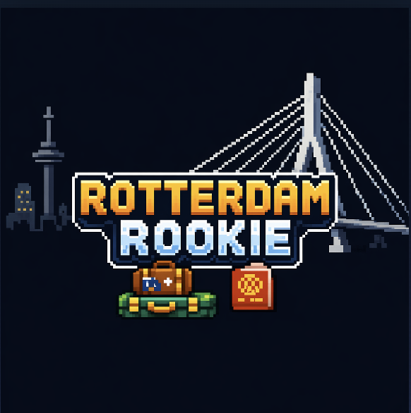 Rotterdam Rookie pixel-art title screen with the Erasmus Bridge